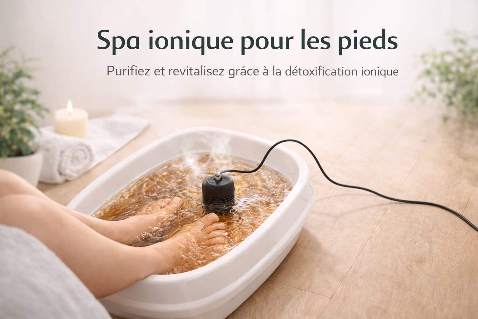 séance spa ionique , pied dans de l'eau bassine et bobine